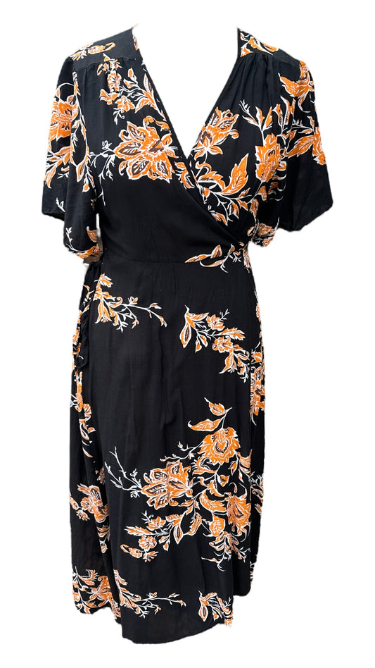 Black & Orange Wrap Flowery Dress