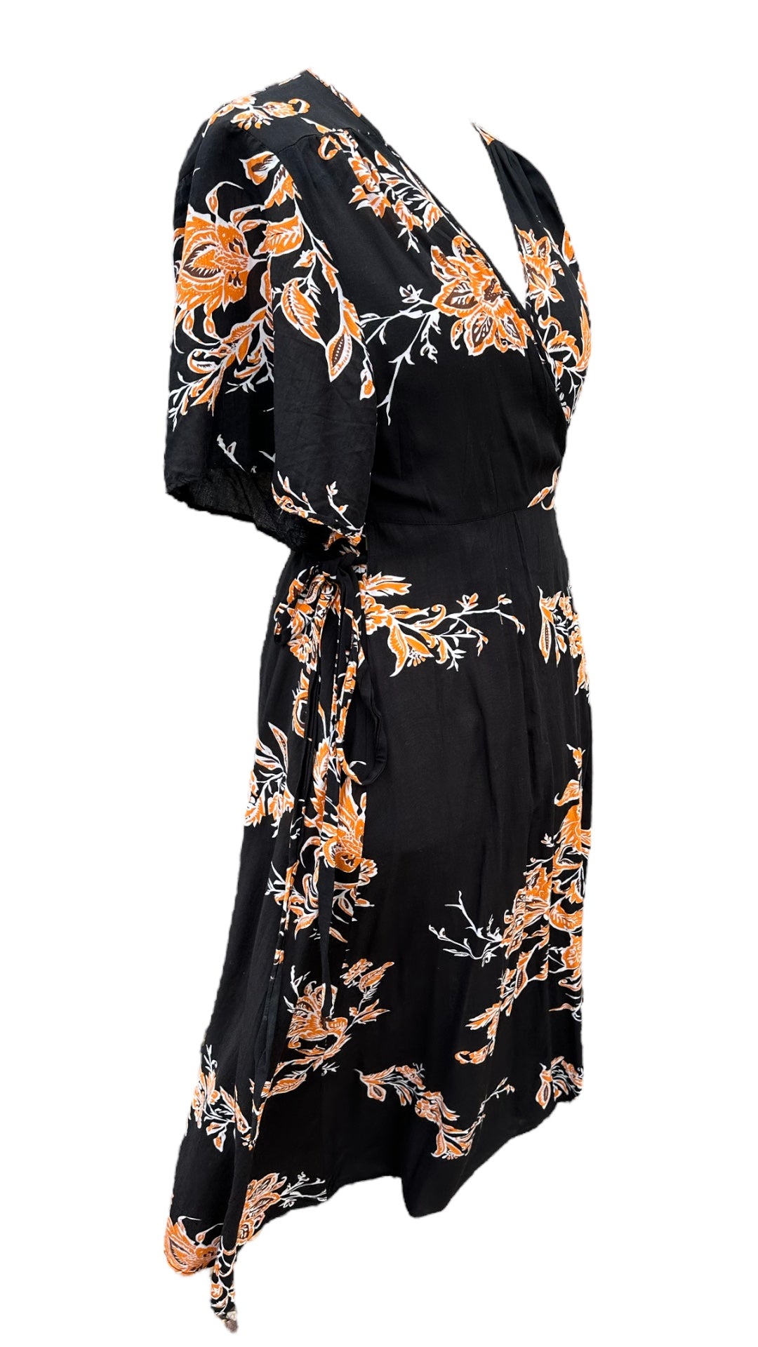 Black & Orange Wrap Flowery Dress