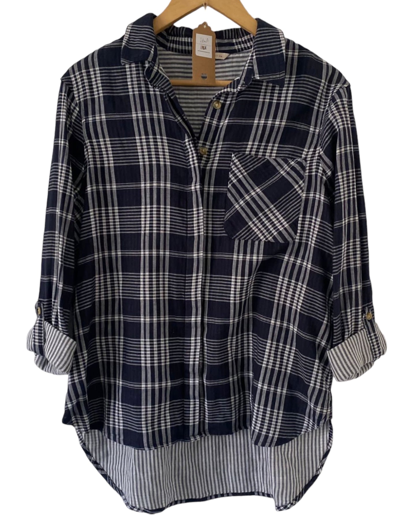 Navy checked shirt.