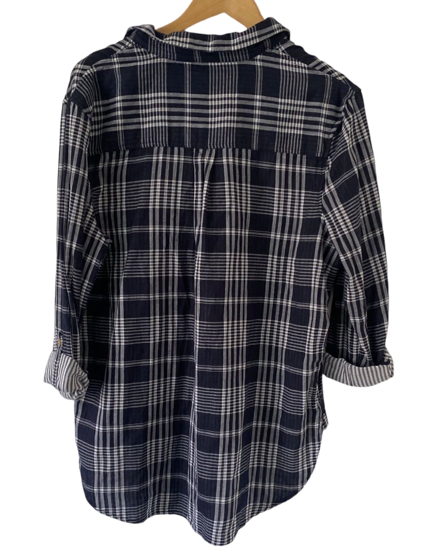 Navy checked shirt.