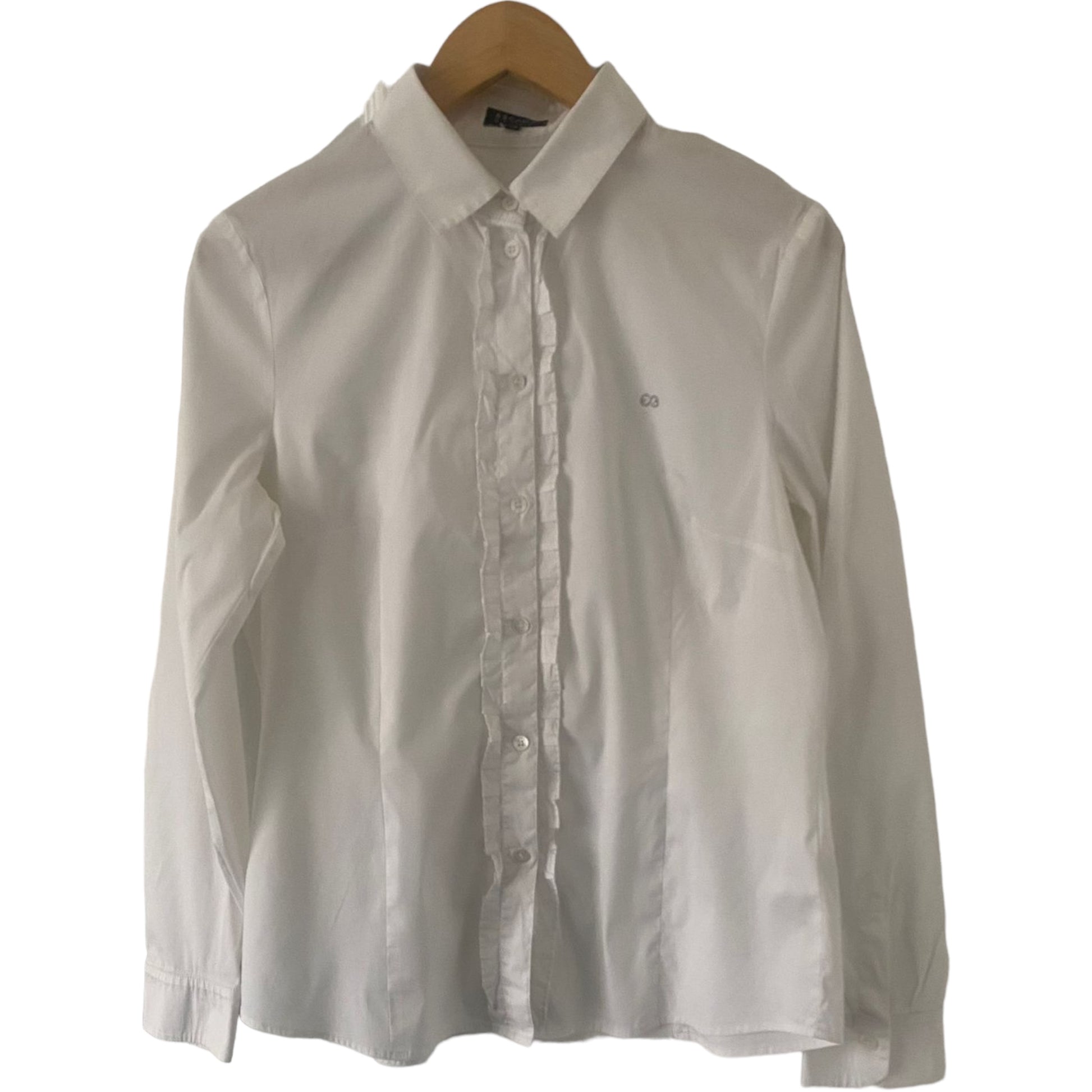 Preloved. Escada Sport Size 12This Escada Sport white shirt is a perfect blend of style and functionality. This premier branded shirt,  features a classic white button shirt design with decorative frills along the button seams and cuffed sleeves. For added sparkle, it is completed with a diamante motif.