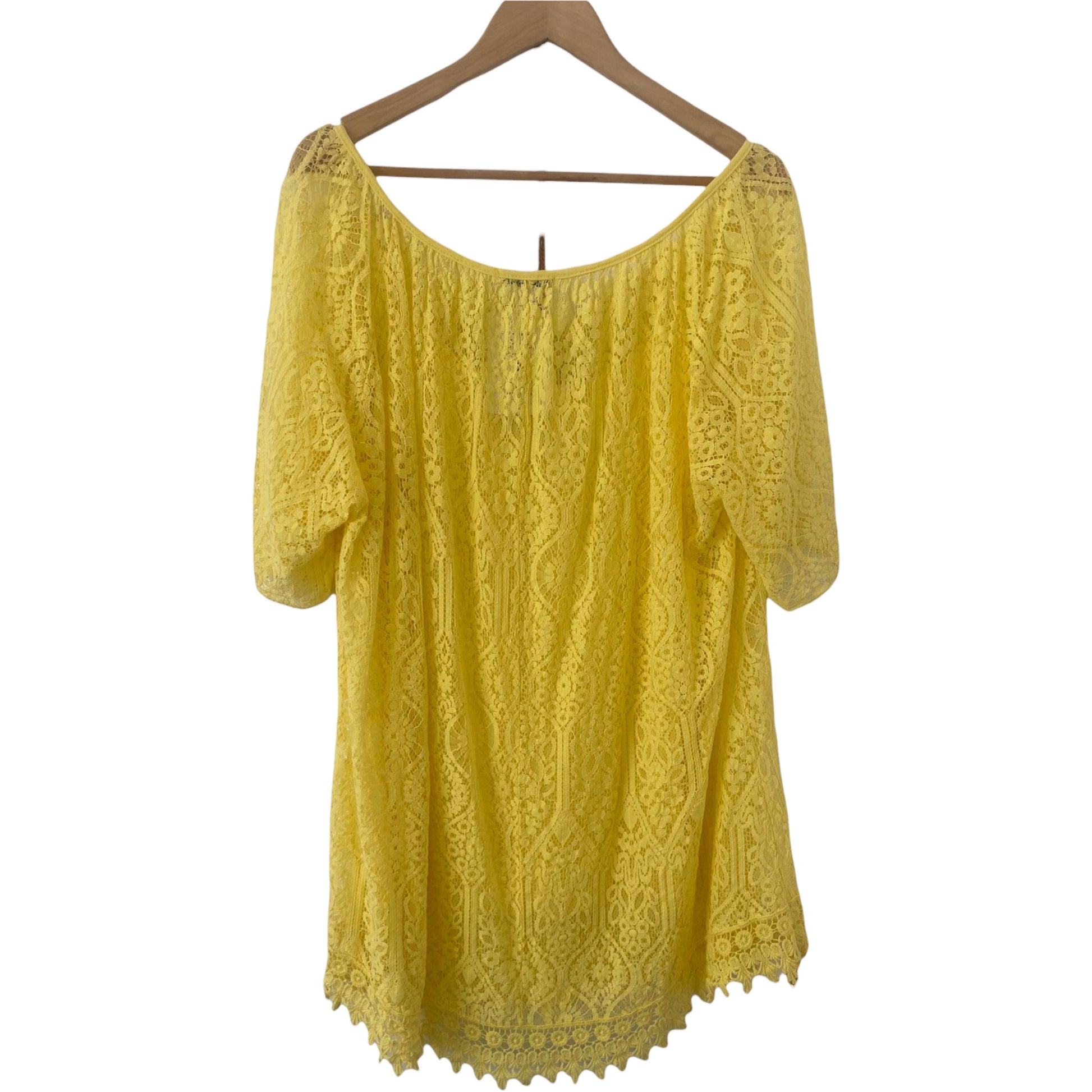 New with tags This yellow crochet summer dress features an added underdress for extra coverage and comes in one size. It is brand-new and still has the original tags attached. Preloved