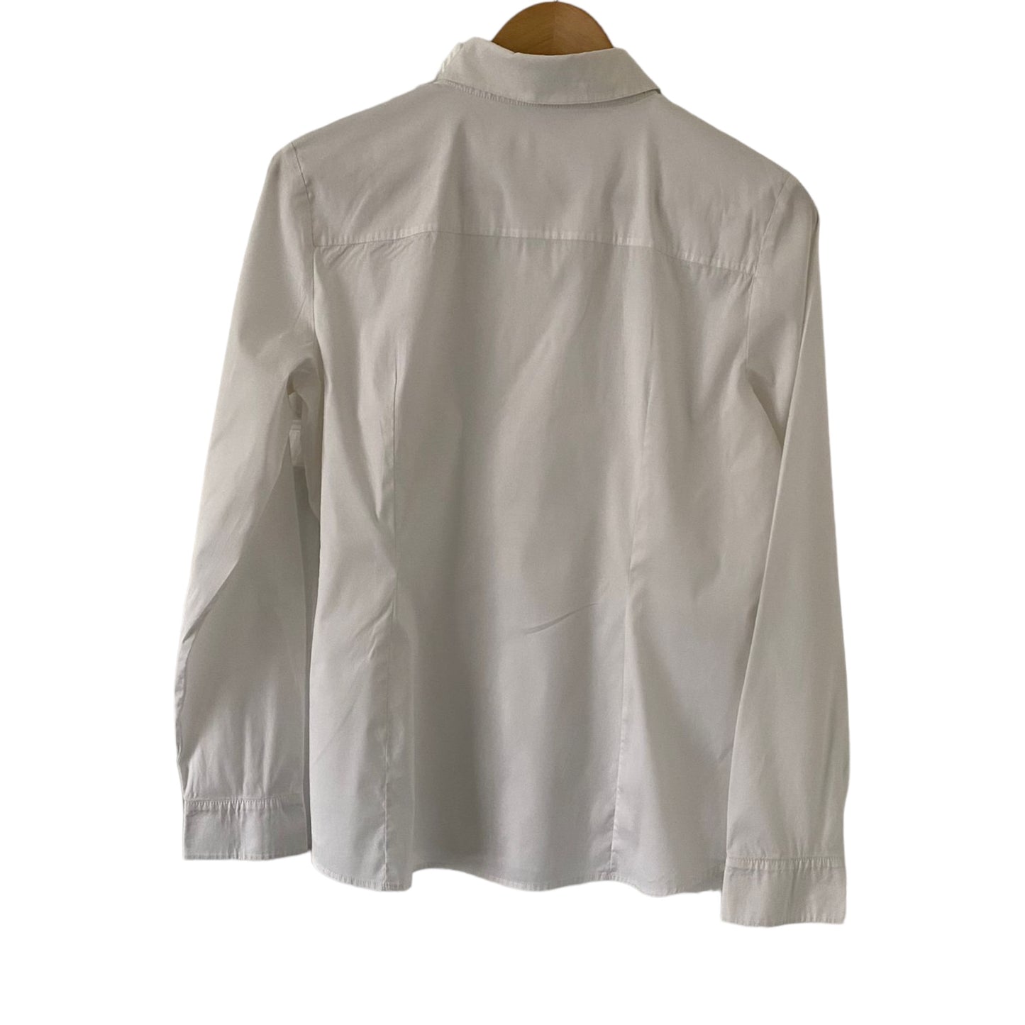 Escada Sport Size 12This Escada Sport white shirt is a perfect blend of style and functionality. This premier branded shirt,  features a classic white button shirt design with decorative frills along the button seams and cuffed sleeves. For added sparkle, it is completed with a diamante motif. Preloved