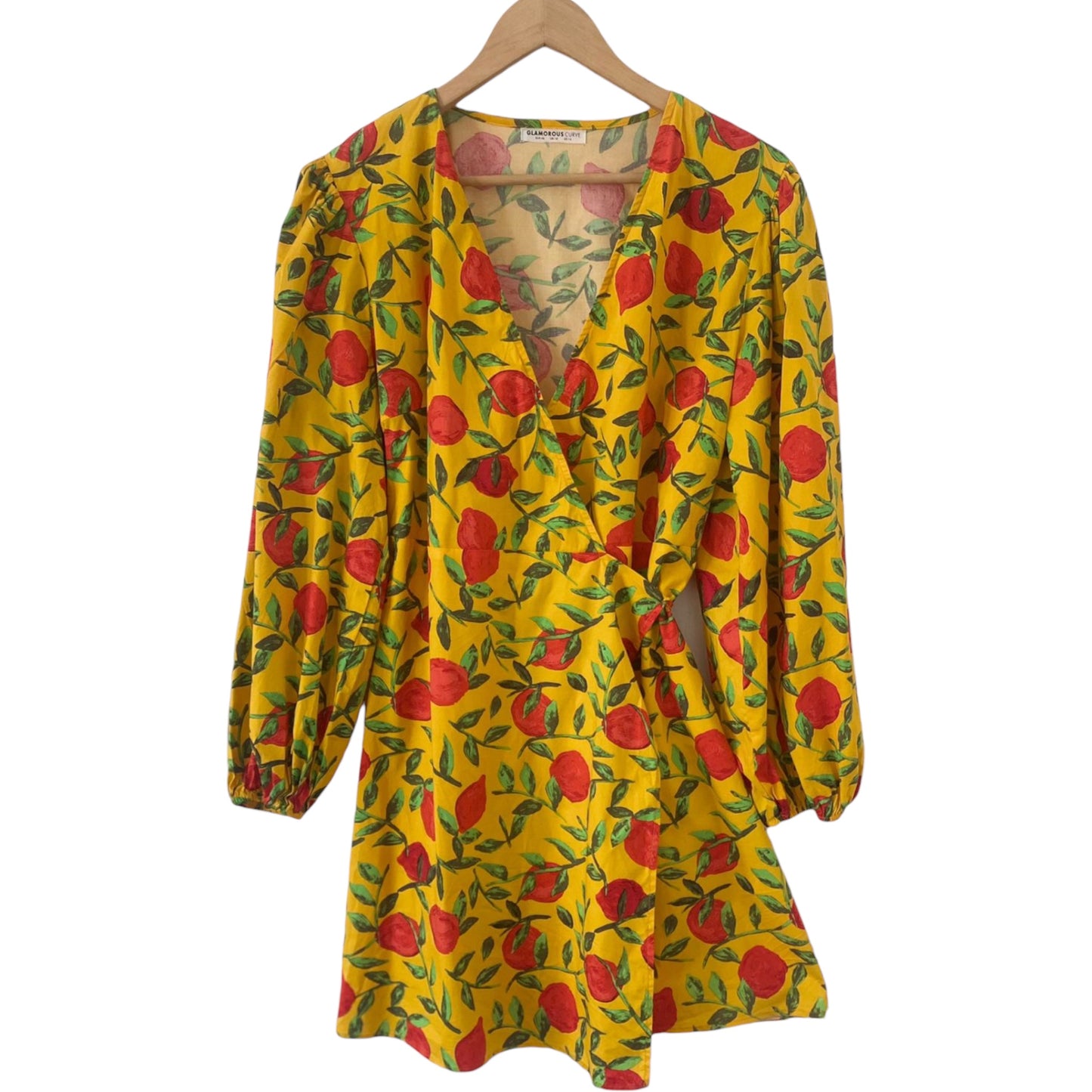 Bright mustard yellow colouring featuring lovely red detailed flowers, light wrap around dress beautiful for the summer months or holidays. UK 18, The Glamorous Curve Dress, lightweight wrap-style garment is ideal for the summer season or a tropical getaway. Preloved