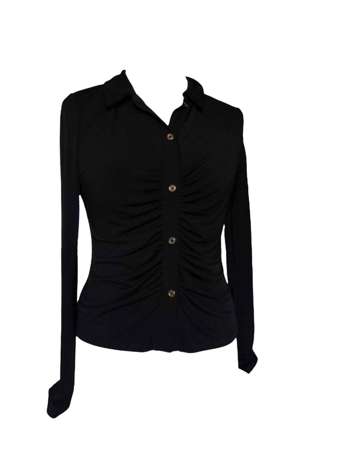 Preloved. Introducing the River Island Black Shirt: a sleek and stylish design featuring gold buttons and a size 12 fit. Crafted from quality materials, this shirt is sure to make a great addition to any wardrobe.