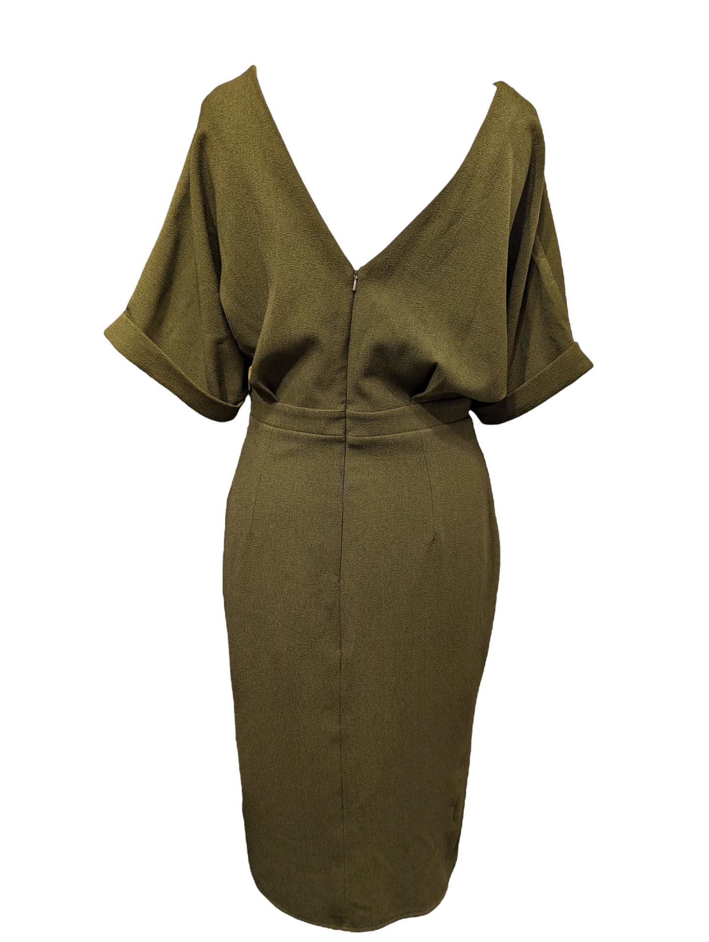 This Asos Dress is perfect for a stylish and timeless look. Crafted from khaki fabric, this dress features a pencil silhouette, new labels, and is available in size 14.  Preloved V neck back 