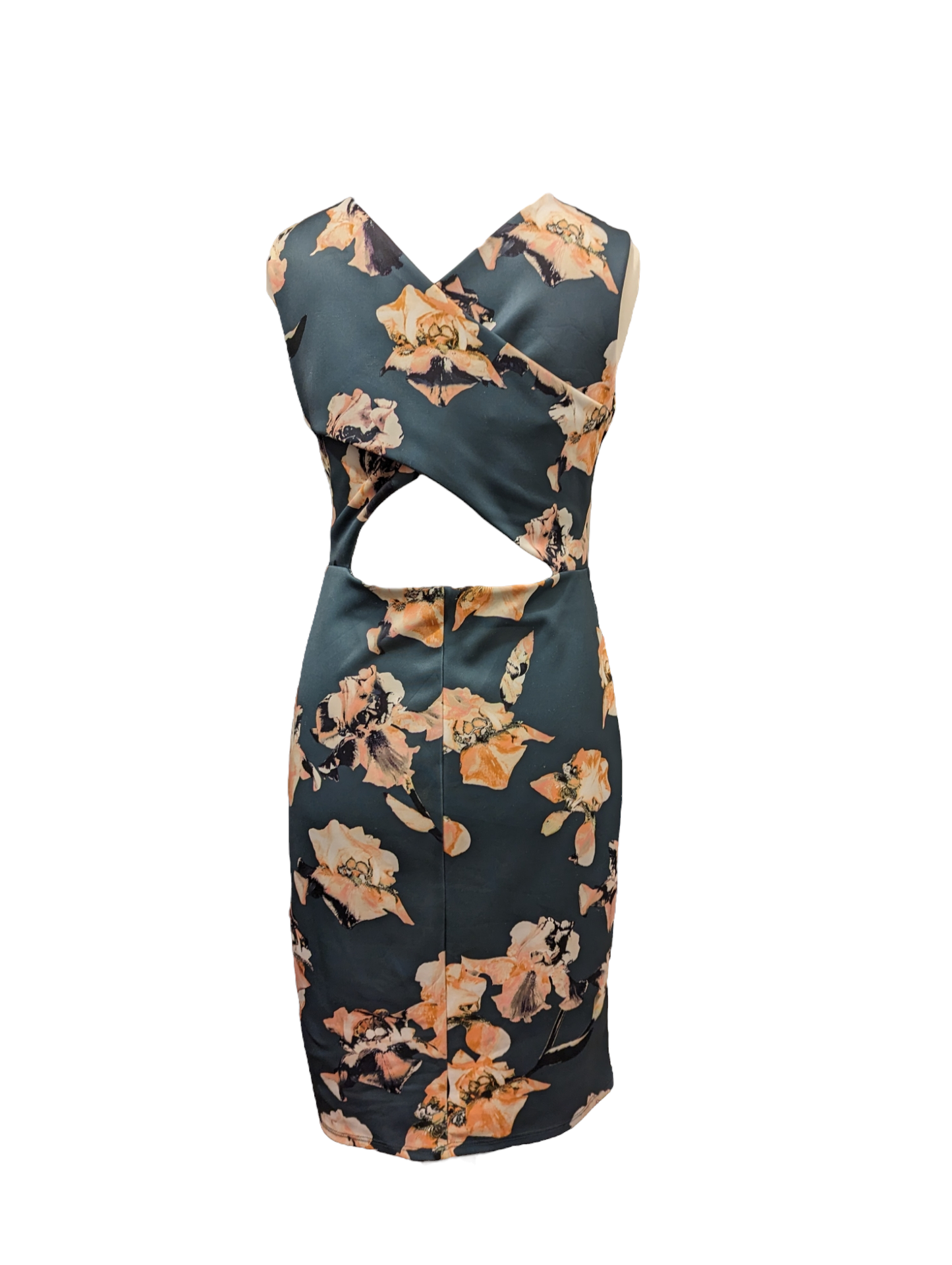 This stylish dress from Dorothy Perkins has a figure-flattering pencil shape with stretch fabric and a bright green hue with peach-colour flower detailing. size 14  Preloved 