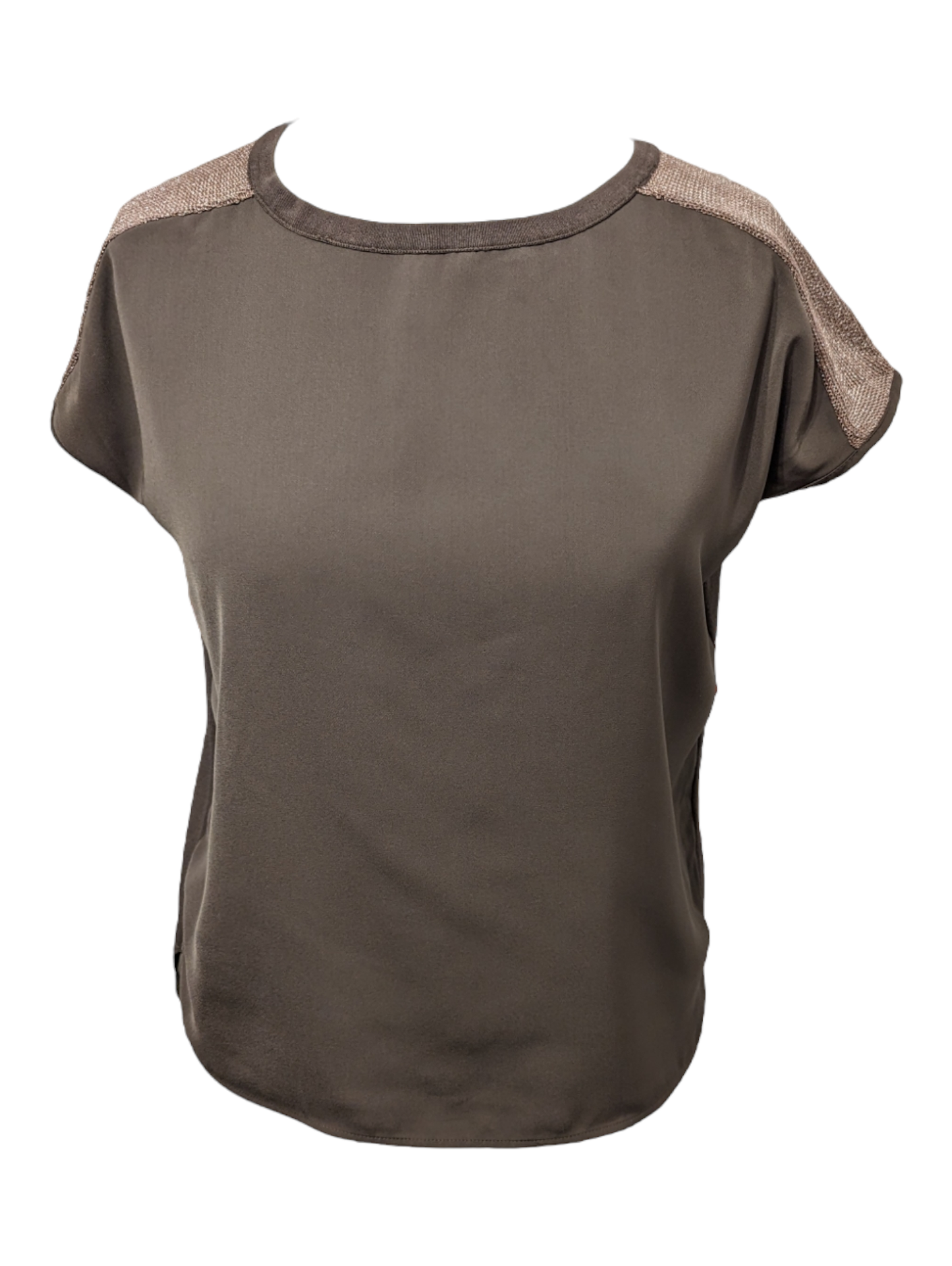 Preloved. Our Petite Next Top is constructed with a luxuriously silky front and knitted back. This form-fitting piece adds a tailored touch to your wardrobe. It features a khaki hue with a golden mesh shoulder for a subtle, dimensional look. Its timeless silhouette and size 8 ensures a perfect fit.