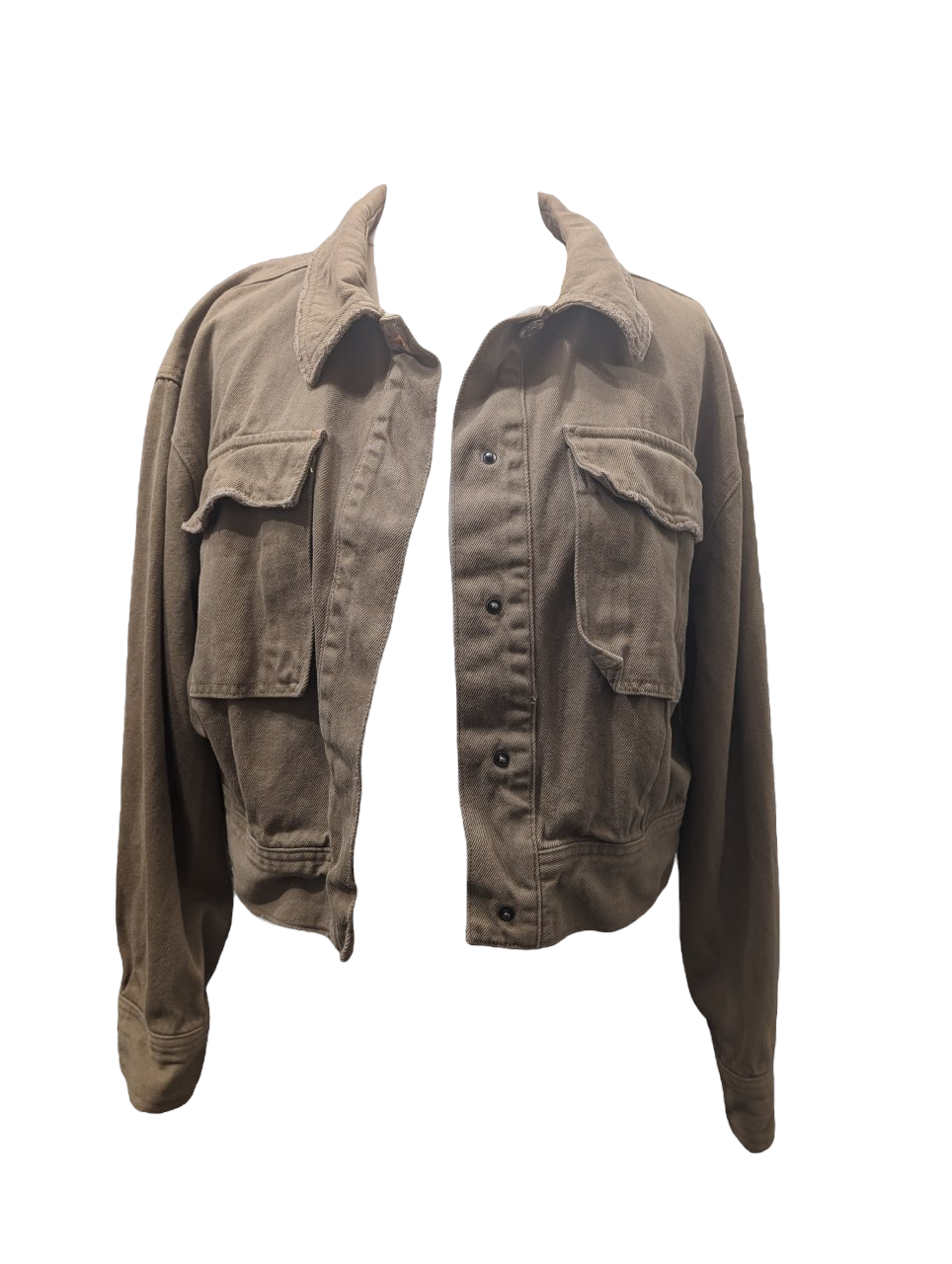 Size 10 Preloved.This River Island cropped distressed jacket is the perfect combination of fashion and function. This on trend denim jacket is available in khaki, has two pockets, and is a must-have for any wardrobe. Get the look that is in style and stay comfortable.