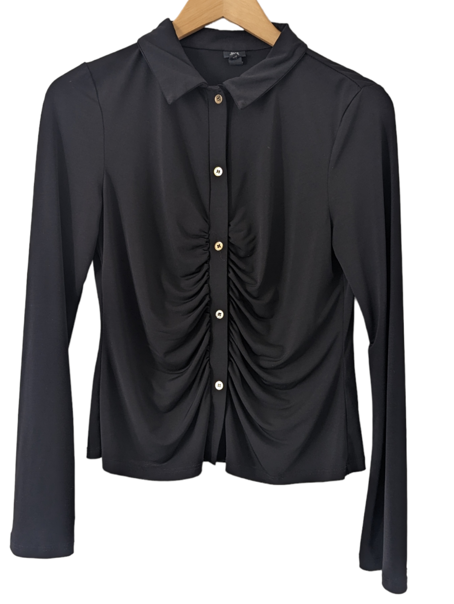 Introducing the River Island Black Shirt: a sleek and stylish design featuring gold buttons and a size 12 fit. Crafted from quality materials, this shirt is sure to make a great addition to any wardrobe. Preloved 