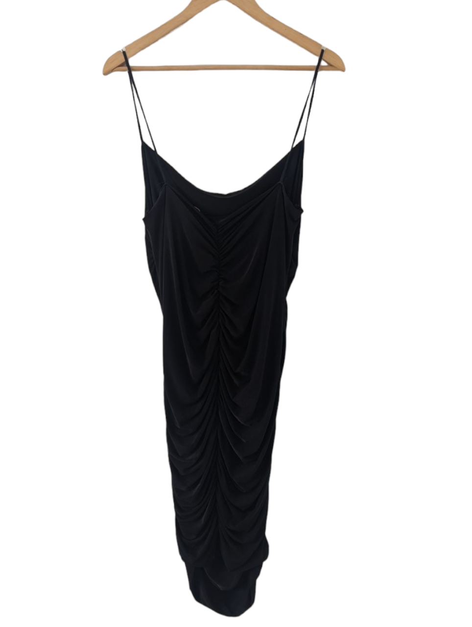 Preloved The Flattering Black Dress by Femme Luxe offers an elevated look with rouged back and sides and a perfect fit with very stretchy fabric and Size 12. Be confident you'll look your best with tags included.